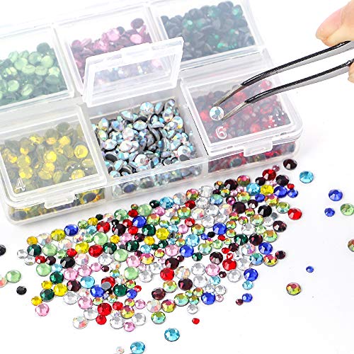 OUTUXED 5400pcs Multicolor Rhinestones 12 Mixed Color Hotfix Rhinestones Flatback Gemstones and Crystals for Halloween Costume Accessories, Crafts with Tweezers and 2 Picking Pens