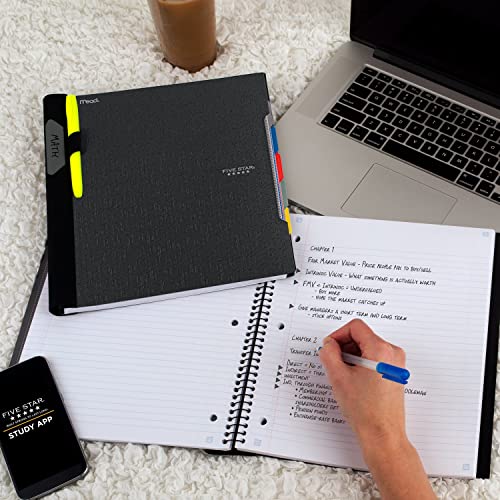 Five Star Spiral Notebook + Study App, 5-Subject, College Ruled Paper, Advance Notebook with Spiral Guard, Movable Tabbed Dividers and Expanding Pockets, 8-1/2" x 11", 200 Sheets, Black (73144)