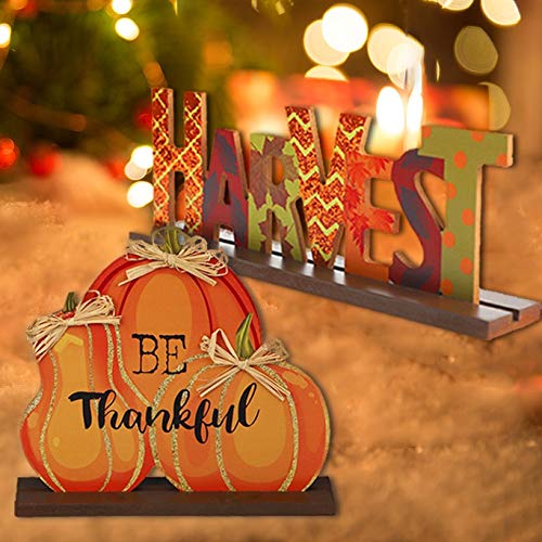 MorTime 4 Pack Thanksgiving Themed Table Centerpiece Signs, Wood Pumpkin Table Decor Harvest Autumn Glittery Pumpkins Table Topper for Home Office Thanksgiving Decorations