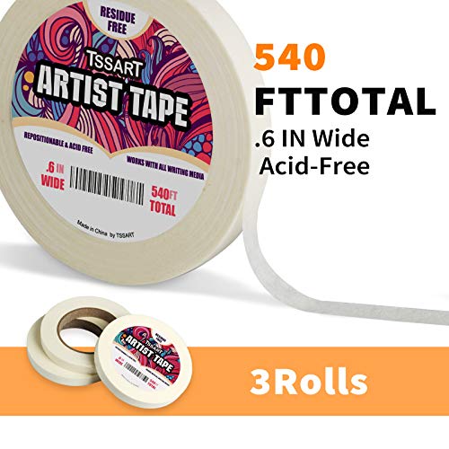TSSART 3 Pack White Artist Tape - Masking Artists Tape for Drafting Art Watercolor Painting Canvas Framing - Acid Free 0.6inch Wide 540FT Long Total