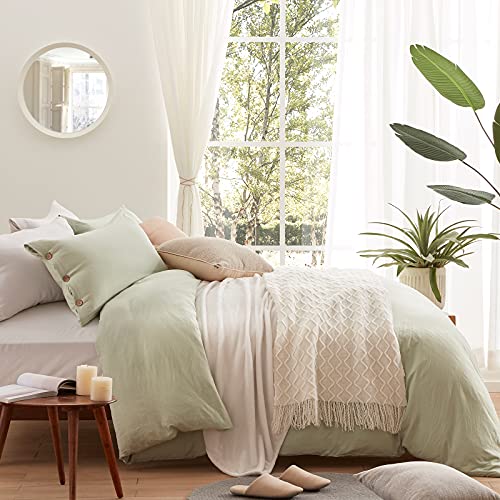 NexHome Sage Green Duvet Cover Sets Queen Size 3 Piece Double Brushed Microfiber Queen Duvet Cover with Button Closure & Corner Tie 1 Breathable and Soft Duvet Cover 90x90 inches + 2 Pillow Shams