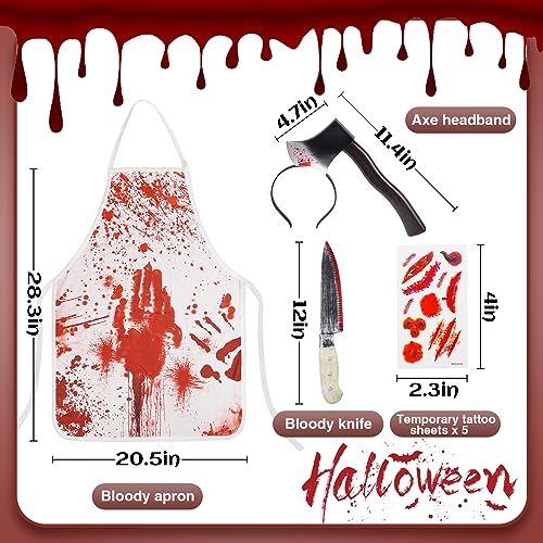 Halloween Bloody Butcher Costumes Set- Waterproof Bloody Apron with Axe Headband Butcher Knife Temporary Tattoos, Terrifying Role Play for Men Halloween Costume Party Carnival Prop Accessories