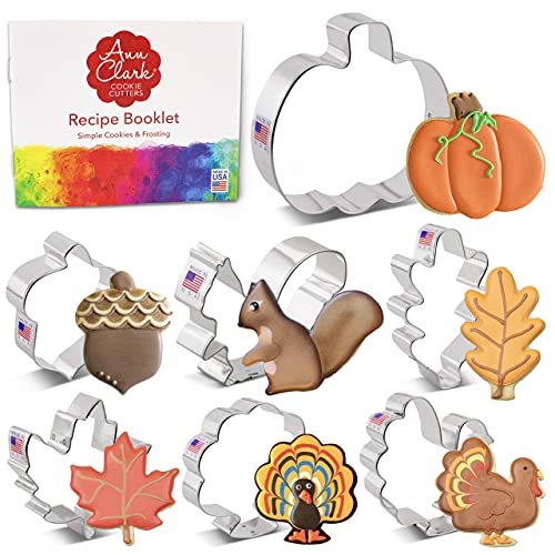Fall and Thanksgiving Cookie Cutters Set 7-Pc. Made in the USA by Ann Clark, Pumpkin, Maple Leaf, Turkey, Squirrel, Acorn