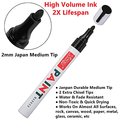 Black Paint Pens for Rock Painting, Stone, Ceramic, Metal, Glass, Wood, Fabric, Canvas, 6 Pack Permanent Oil Based Paint Markers, Medium Tip, 2 Extra Chisel Tips, High Volume Ink, 2X Lifespan