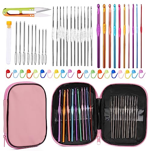 IMZAY 54 Pcs Crochet Needles Set, Crochet Hooks Kit with Storage Case, Ergonomic Knitting Needles Blunt Needles Stitch Marker DIY Hand Knitting Craft Art Tools for Beginners-Pink