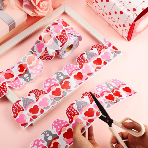 Spiareal 68.9 Feet Valentine's Day Gnomes Bulletin Board Border Decorations Red Pink Heart Love Gnomes Elf Rolled Border Trim for Valentine Day Party Classroom Bulletin Boards Chalkboard Wall Decor