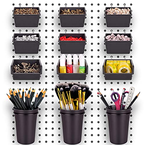 Pegboard Bins PegBoard Cups with Hooks & Loops 12 Pack Set, Peg Hooks Assortment Organizer Accessory, Various Tools Storage Arrange System Kit, for Garage Craft Workshop Workbench Hobby Office