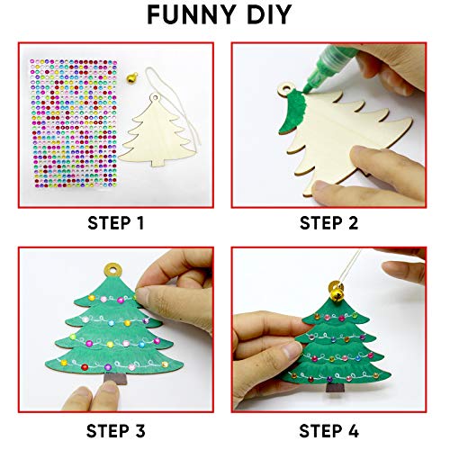Hidreas 40 Pcs Wooden Ornaments Unfinished Christmas DIY Ornaments Craft Kit, Christmas Wood Ornaments with Bells, Wax Rope and Rhinestone Stickers for Children Arts and Crafts Supplies