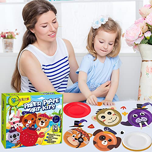 V-Opitos Arts and Crafts Kits for Kids, 12 Pack Paper Plate Crafts, Simple Animal Crafts for Toddler Age of 2, 3, 4, 5 Years Old, Fun Preschool Classroom Activity Project for Boy & Girl
