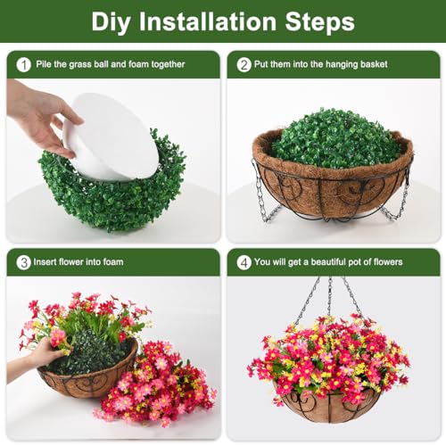 Homsunny Artificial Hanging Flowers Basket,Fake Daisy Flowers,4 Branches Artificial Hanging Plants in 12 Inch Basket for Outdoor Garden Yard Pouch Patio Indoor Home Decoration (Pink)