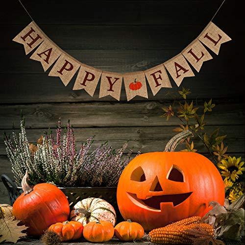 Whaline Happy Fall Pumpkin Burlap Banner Harvest Home Decor Bunting Flag Garland Party Thanksgiving Day Decoration