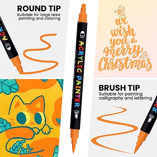 Tesquio Paint Pens, 24 Colors Acrylic Paint Pens Paint Markers, Dual Tip Pens With Medium Tip and Brush Tip for Rock Painting, Wood, Ceramic, Fabric, Canvas, Easter Eggs, Pumpkin Kit, DIY Crafts