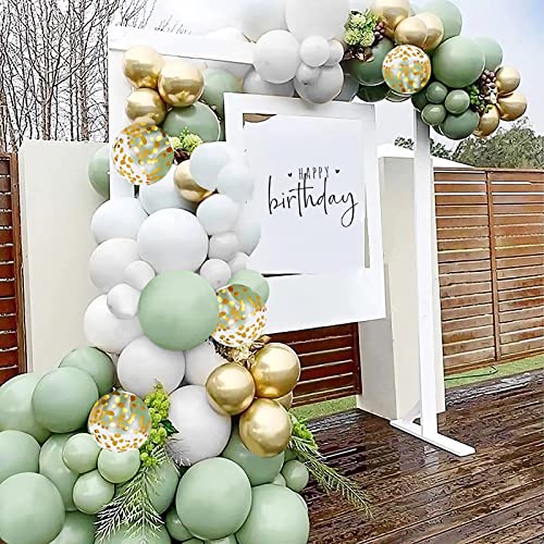 RUBFAC 65Pcs 12Inches Sage Green Gold Confetti Balloons Kit, Green White Metallic Gold Party Balloons with Ribbons for Birthday, Wedding, Baby Shower, Graduation, Eucalyptus Party Decorations