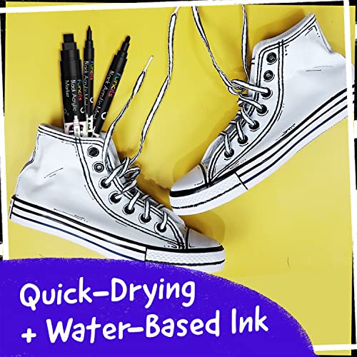 Funcils 5 Acrylic Black Paint Pen - Fine Tip, Thin Point & Jumbo Pens (1mm, 3mm, 6mm, 10mm, 15mm) - Black Paint Marker for Plastic, Canvas, Wood, Rock Painting, Fabric, Tire, Metal, Glass