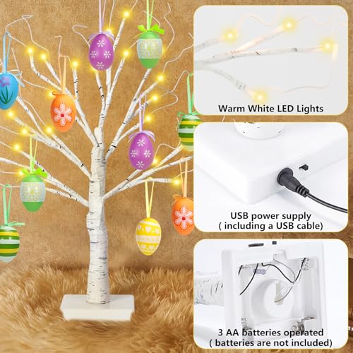 24" Easter Lighted Birch Tree with 12pcs Ornaments,Warm White LED Birch Tree Light Tabletop Artificial Tree 8 Lighting Modes USB or Batteries Operated with Timer for Easter Decor
