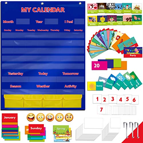 Calendar and Weather Pocket Chart with 148 Cards,(108 Illustrated Activity Cards, 40 Dry Erasable Flash Cards and 3 Hooks 28"x35.5")