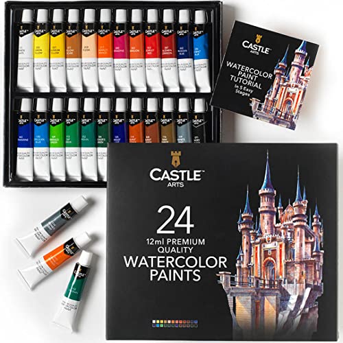 Castle Art Supplies 24 x 12ml Watercolor Paint Tube Set | Value for Adult Artists | Quality, Intense Colors | Just Squeeze The Tube, Mix with Water and Get Creative | in Delightful Presentation Box