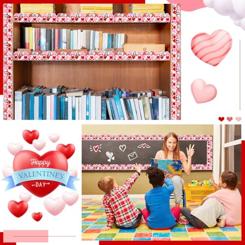 Spiareal 68.9 Feet Valentine's Day Gnomes Bulletin Board Border Decorations Red Pink Heart Love Gnomes Elf Rolled Border Trim for Valentine Day Party Classroom Bulletin Boards Chalkboard Wall Decor