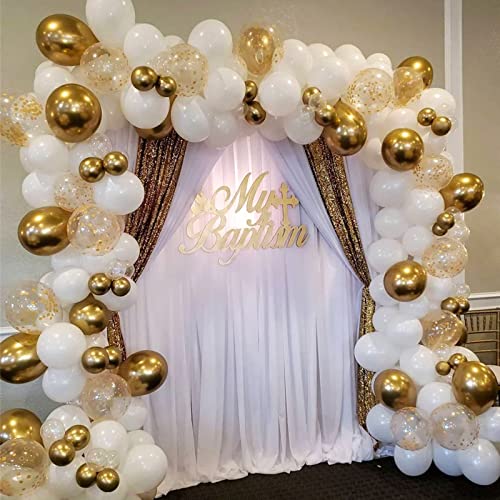 RUBFAC White Gold Balloons Garland Arch Kit with Gold Confetti Balloons for Baptism Wedding Birthday Party Decoration