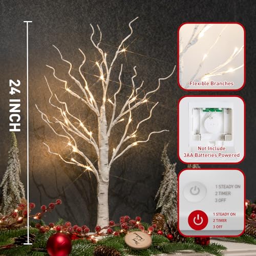 Vanthylit Tabletop Christmas Tree, White Birch Tree with LED Lights- Set of 2, Warm White Small Tree Lights Battery Powered Timer, Lighted Tree for Mantle Christmas Decorations (2FT, 24LED)
