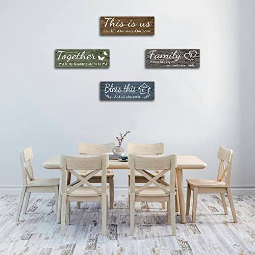 4 Pieces Home Wall Decor Signs, This is Us/ Together/ Bless this/ Family Rustic Wooden Wall Art with Quotes for Living Room Bedroom Kitchen Farmhouse Decor,Housewarming Gifts (Brown Green Grey Blue,