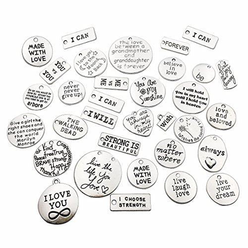 iloveDIYbeads 30pcs Inspiration Words Charms Craft Supplies Mixed Pendants Beads Charms Pendants for Crafting, Jewelry Findings Making Accessory for DIY Necklace Bracelet (M044)