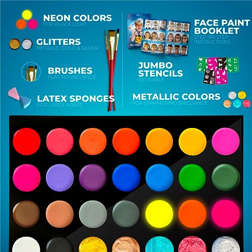 Zenovika Face Painting Kit for Kids - Non-Toxic and Hypoallergenic Face Paint Kit with 28 Colors, Stencils, Book, and Professional Halloween Makeup Kit - Safe and Easy to Use Face Paint Kit for Kids