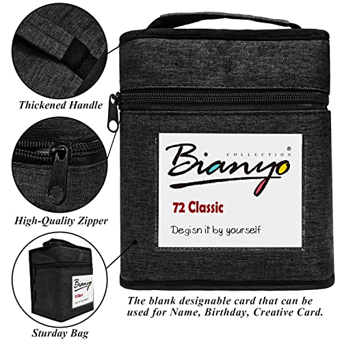 Bianyo Classic Alcohol Markers Set, Pack of 72, Dual Tip Bullet & Chisel Art Marker, Black Case with a Designable Card for Coloring, Drawing, Sketching, Outlining