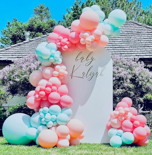 Pinbra Pastel Balloons Garland Kit Coral Balloons Teal Blue Balloons Champagne and Baby Pink Matte Balloons Gold Metallic Balloons for Baby Shower Rainbow Birthday Weeding Anniversary Decorations