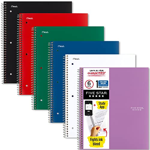 Five Star Spiral Notebook + Study App, 6 Pack, 1-Subject, College Ruled Paper, Fights Ink Bleed, Water Resistant Cover, 8-1/2" x 11", 100 Sheets, Color Will Vary (38052)