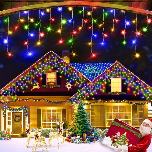 XURISEN 66ft Christmas Lights Decorations Outdoor, 640 LED 8 Modes Curtain Fairy Lights with 120 Drops,Plug in Waterproof Timer Memory Function for Christmas Holiday Wedding Party Decor (Multicolor)