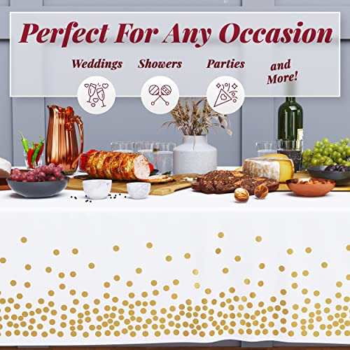 Prestee White/Gold Tablecloths, 4pk, 54"x108" - Gold Dot Disposable Tablecloths - Plastic Table Cloth Disposable - White Tablecloths - BBQ, Party, Fine Dining, Wedding, Communion, Baptism Decorations