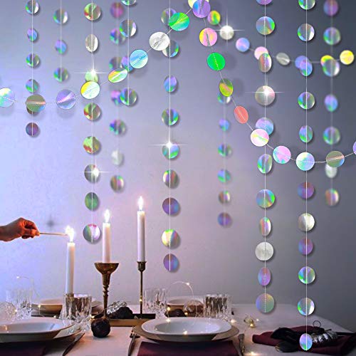 Holographic Circle Garlands Iridescent Party Supplies Hanging Streamer Backdrop Kids Unicorn Mermaid Theme Birthday Party Decorations Baby Shower Graduation Wedding Disco Bachelorette Party Decor