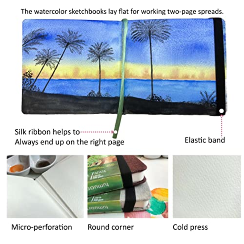 Square Watercolor Journal, 5.5x5.5”, 140 LB, 300 GSM, tumuarta Cotton Paper, Cold Press, 24 Sheets, 48 Pages, Watercolor Paper Sketch Books for Use As Mix Media Pad On The Go