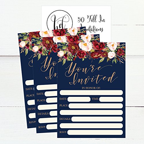 50 Floral Invitations, Fall Bridal or Baby Shower Invite, Birthday Invitation Wedding Rehearsal Dinner Invites, Autumn Engagement Bachelorette Reception Anniversary, Housewarming, Graduation, Sweet 16