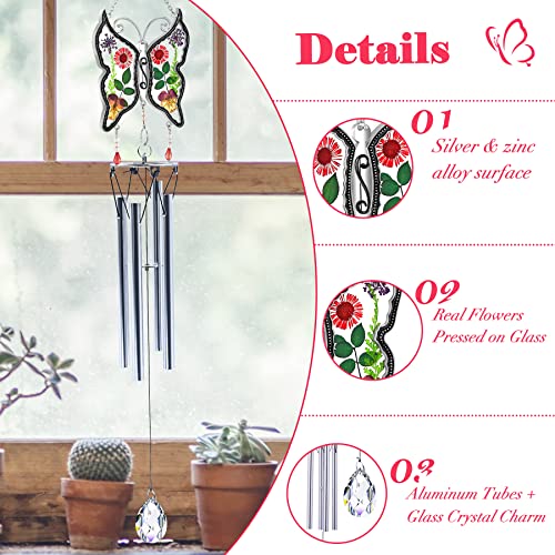 KY&BOSAM Wind Chimes Butterfly Wind Chimes for Outside Real Flower Outdoor Windchimes Gifts for mom Grandma Birthday Nana Gifts Garden Balcony Home Décor Wind Chimes Handmade Memorial Wind Chimes