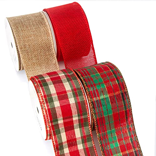 Ribbli 4 Rolls Christmas Wired Ribbon,Natural and Red Burlap Christmas Plaid Wired Ribbon,2 Inch Total 20 Yard, Christmas Ribbon for Crafts, Big Bow,Gift Wrapping, Wreath, Tree Decoration