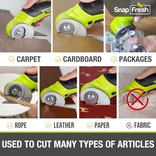 SnapFresh Cordless Electric Scissors, 4V Electric Mini Cutter, Carpet and Cardboard Cutter with a Replacement Blade, Rotary Cutter for Cardboard Packages Leather Plastic