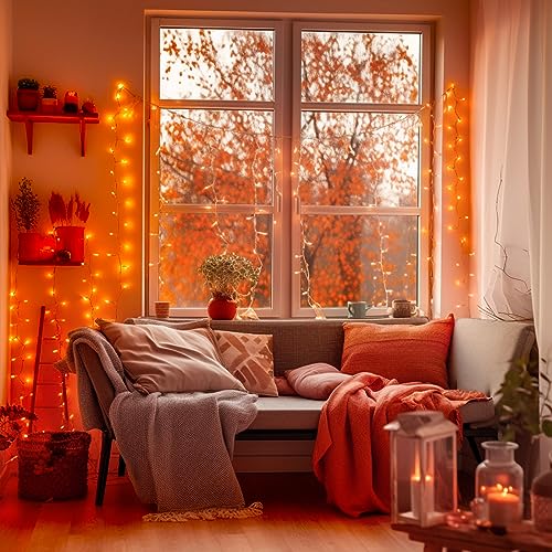 JMEXSUSS 66ft 200 LED Halloween Lights Outdoor, Orange String Lights Indoor Clear Wire, 8 Modes Orange Christmas Lights Plug in for Fall Autumn Harvest Tree Garden Patio Thanksgiving Decorations