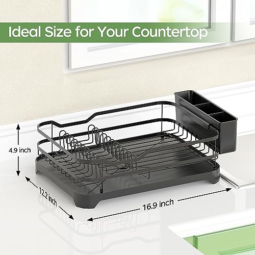 ROTTOGOON Dish Drying Rack, Stainless Steel Rustproof Dish Rack for Kitchen Counter, Durable Dish Drainer with Drainboard, Drainage, Utensil Holder for Various Kitchenware, 16.9"(L) x 12.2"(W), Black