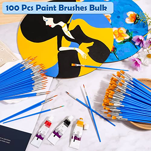 Small Paint Brushes Bulk, Anezus 100 Pcs Paint Brushes for Kids Acrylic Paint Brushes Set with Flat and Round Pointed Paint Brushes Craft Paint Brushes for Classroom Watercolor Canvas Face Painting