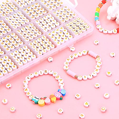 XIMISHOP 1400pcs Round Letter Beads for Jewelry Making, 28 Style Gold A-Z Alphabet Acrylic Beads Kits Heart Beads for Bracelets Making (4 * 7mm)