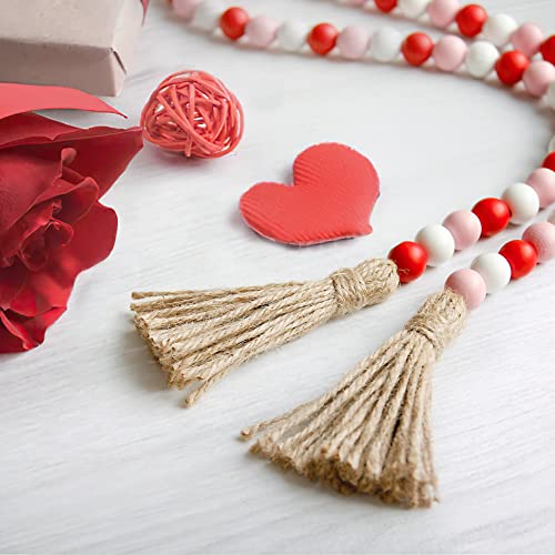 BlueMake Valentine's Day Wood Bead Garland with Tassel,Rustic Wooden Bead Decor Farmhouse Beads Big Wall Hanging Decor (Pink/Red/White)