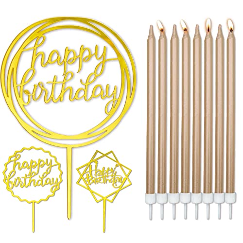 Comluge 24Pcs Rose Gold Extra Tall Long Thin Happy Birthday Candles for Cake 3Pcs Glitter Shiny Happy Birthday Cake Toppers Metallic Looking Cupcake Candles Topper (Small, Rose Gold)