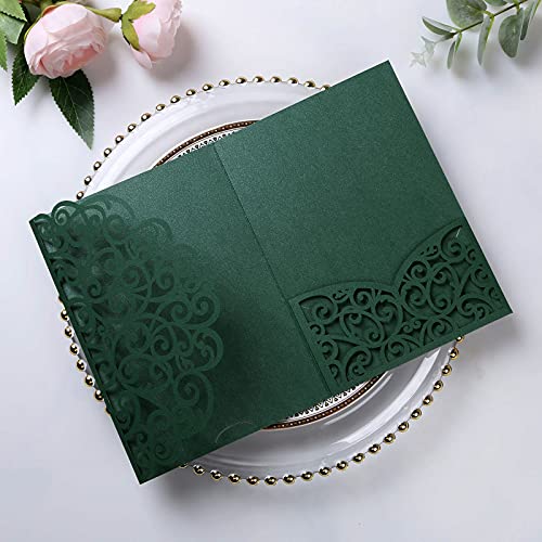 PONATIA 5.12 x 7.2 Emerald Green Invitation Cards, Trifold laser cut invitations Wedding Invitation Cards Pockets with Envelopes for Wedding Bridal Shower Engagement Birthday Sweet 16 (20PCS No Inner Sheet)