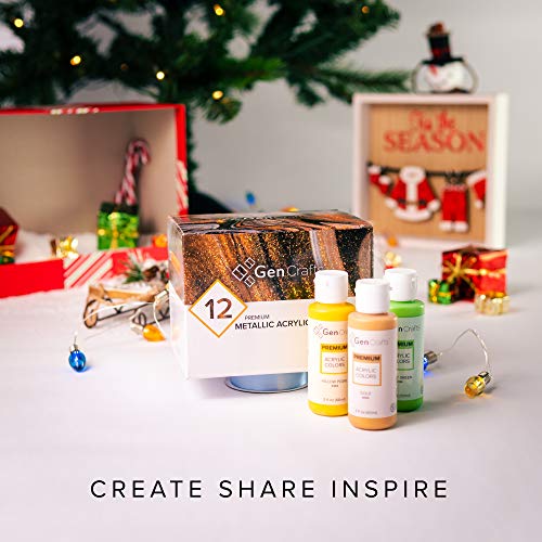 GenCrafts Metallic Acrylic Pouring Paint Set of 12 Metallic Colors - Pre-Mixed High Flow & Ready to Pour - 2 oz./59 ml Bottles - Multi-Purpose Paints for Canvas & Paper, Rocks, Wood