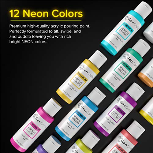 GenCrafts Neon Acrylic Pouring Paint 12 Colors - Pre-Mixed High Flow Ready to Pour - 2 oz./59 ml Bottles - Multi-Purpose Paints for Canvas, Paper, Rocks, Wood