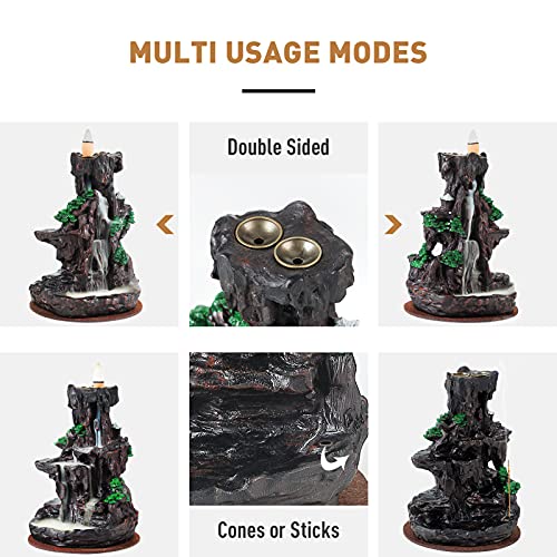 Ronlap Dual Sided Incense Burner, Resin River Tower Backflow Incense Holder, Cool Aromatherapy Incense Fountain Smoke Mountain Waterfall with 120 Upgraded Incense Cones+30 Incense Sticks