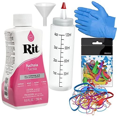 Rit Dye Liquid Fuchsia All-Purpose Dye 8oz, Pixiss Tie Dye Accessories Bundle with Rubber Bands, Gloves, Funnel and Squeeze Bottle
