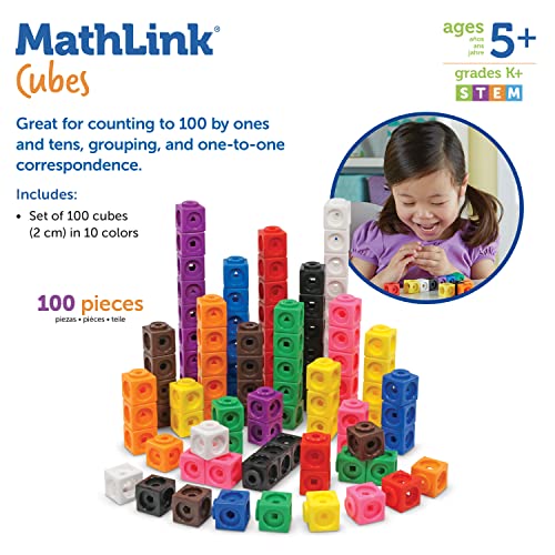 Learning Resources MathLink Cubes - Set of 100 Cubes, Ages 5+,Math Manipulatives, Math Cubes, Homeschool Supplies, Kindergartner Classroom Supplies, Back to School Supplies, Teacher Supplies
